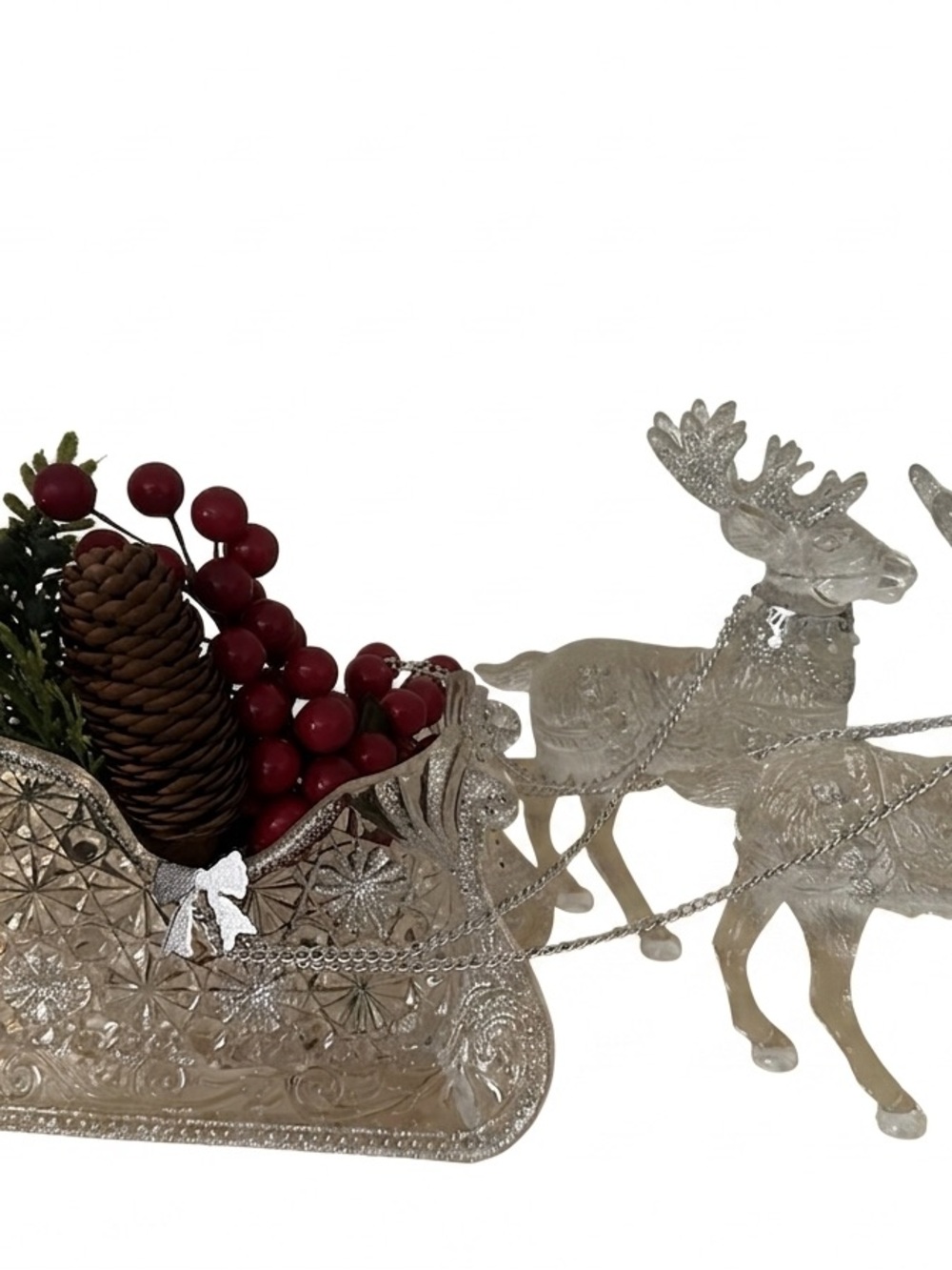 Vintage Acrylic Style Sleigh & Reindeer Centerpiece | Silver Glitter Detail